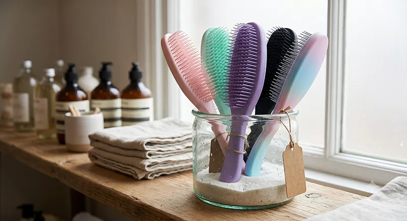 Several detangling brushes in different colours and sizes displayed as a product line suitable for both wet and dry hair use