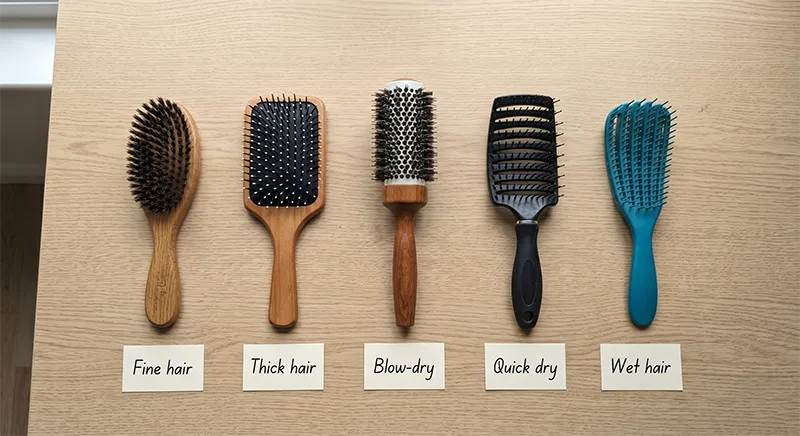 Flat lay of foods rich in hair growth nutrients including eggs, salmon, spinach, and nuts alongside a hair brush