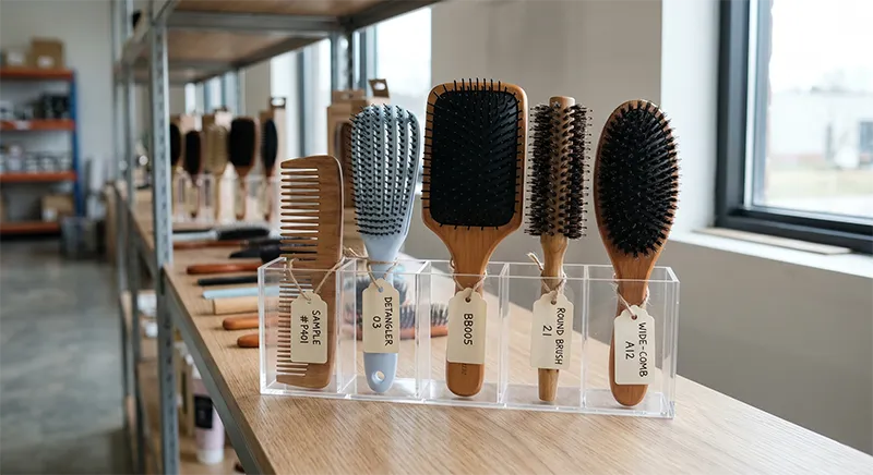 Several different hair brush types arranged on a bathroom shelf for daily use including boar bristle, paddle, and detangling brush