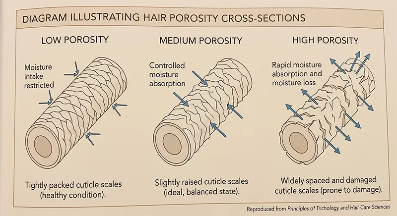Annotated cross-section diagram showing hair cuticle structure for low, medium, and high porosity with labels explaining moisture flow