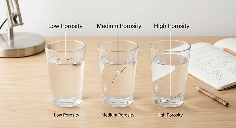 Annotated diagram showing three float test outcomes — hair floating at surface for low porosity, mid-level for medium, and sunk to bottom for high porosity