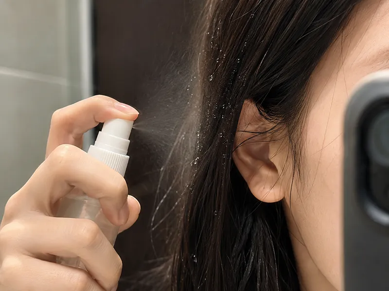 A hand holding a spray bottle misting water onto a section of hair during a porosity spray test