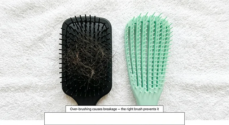 Close-up comparison showing healthy hair strand with smooth cuticle versus damaged hair strand with raised and broken cuticle from over-brushing