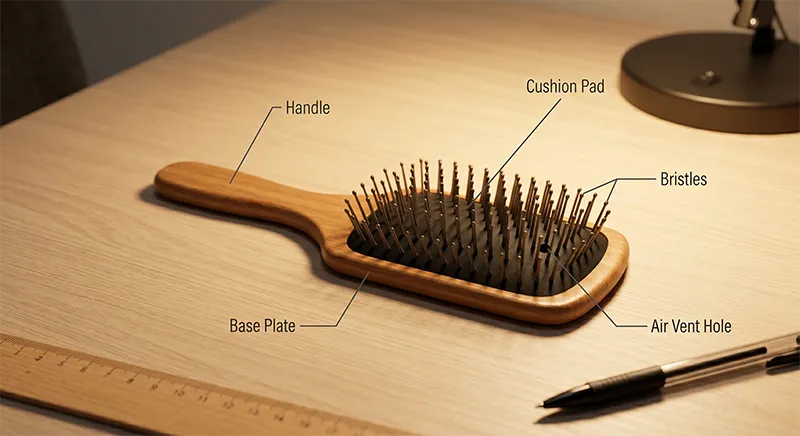 Annotated diagram of a paddle brush showing labelled components including handle, cushion pad, bristles, air vent hole, and base plate