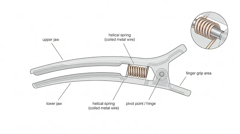Diagram showing the spring mechanism inside a duckbill hair clip