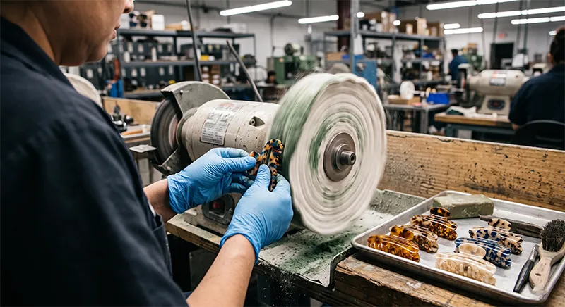A factory worker hand-polishing an acetate hair clip on a rotating buffing wheel with polishing compound visible on the cloth surface
