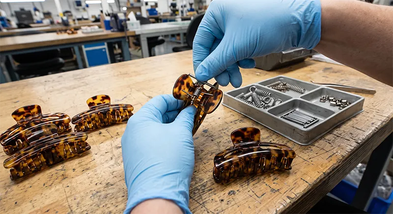 Factory workstation showing acetate claw clip spring bar assembly with finished and unfinished clips, springs, and assembly tools visible