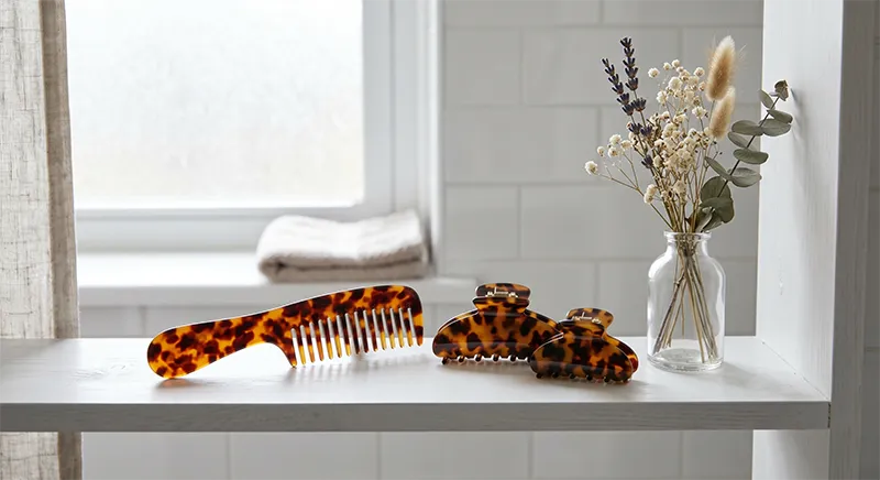 A curated collection of acetate hair accessories including claw clips, barrettes, and combs in matching tortoiseshell and marble patterns