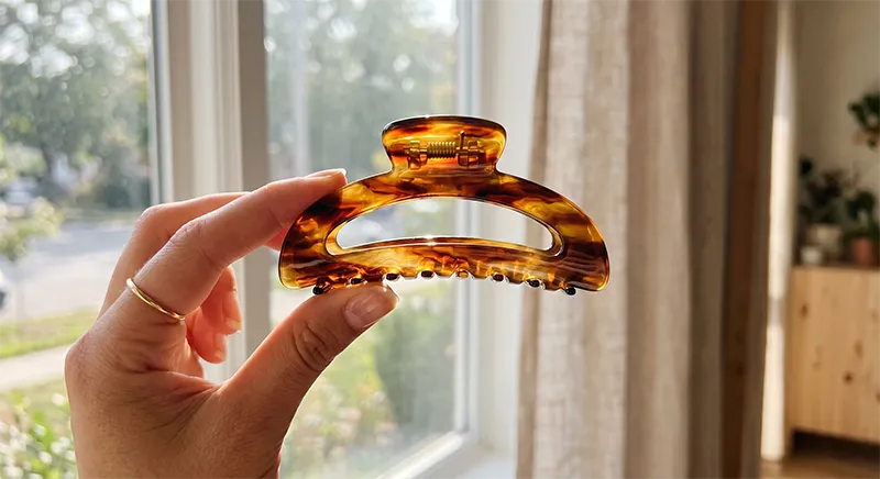 A cellulose acetate hair clip held up to natural light showing the translucent layered colour depth within the material