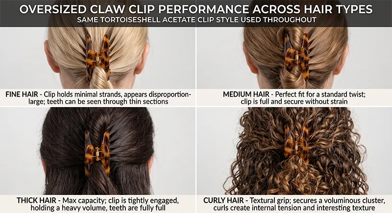 Four different hair types wearing oversized claw clips demonstrating how the same clip style performs on fine, medium, thick and curly hair