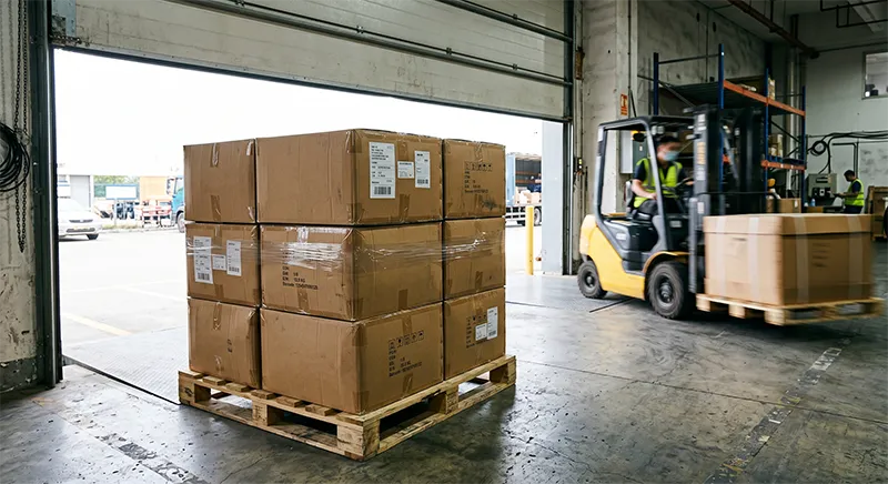 Cartons of finished custom hair accessories sealed and labelled for international shipment at a factory loading dock