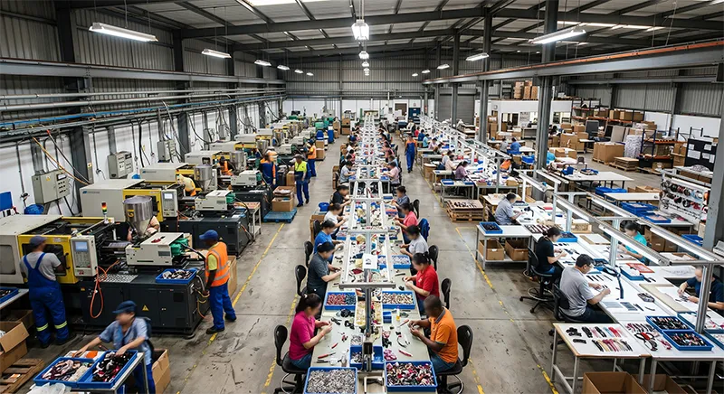 Interior of a hair accessories factory production floor in Dongguan showing injection moulding machines, assembly stations, and quality inspection areas