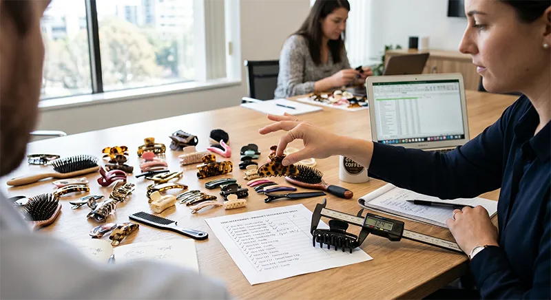 A buyer inspecting hair clip and hair brush samples on a meeting desk with specification sheets and a caliper visible