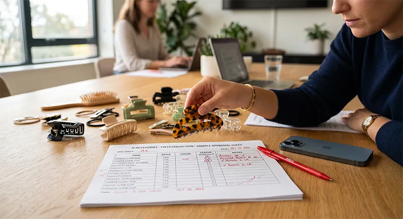 A meeting desk with hair clip and hair brush samples, printed specification sheets, and a calendar showing production timeline milestones