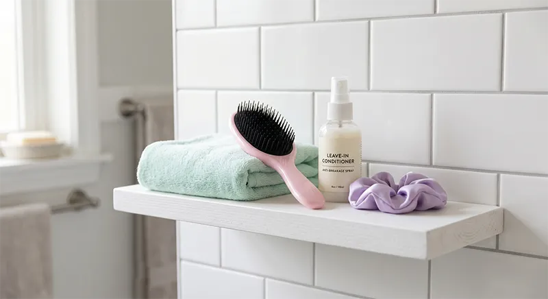 Daily hair care tools for breakage prevention including a detangling brush, microfibre towel, silk scrunchie, and leave-in conditioner bottle arranged on a bathroom shelf