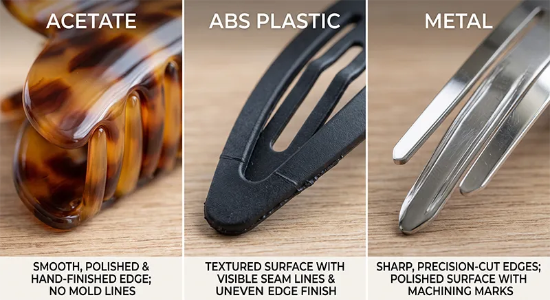 Close-up comparison of contact surfaces on acetate, ABS plastic, and metal hair clips showing differences in edge smoothness and finish quality