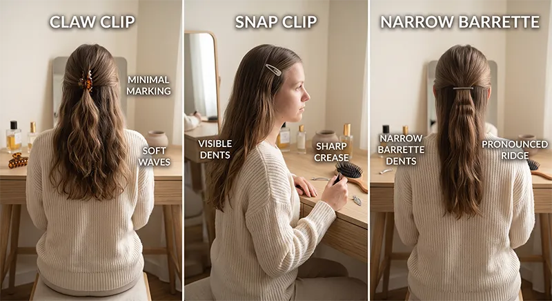 Comparison of crease marks left by different hair clip types showing minimal marking from a claw clip versus visible dents from a snap clip and narrow barrette