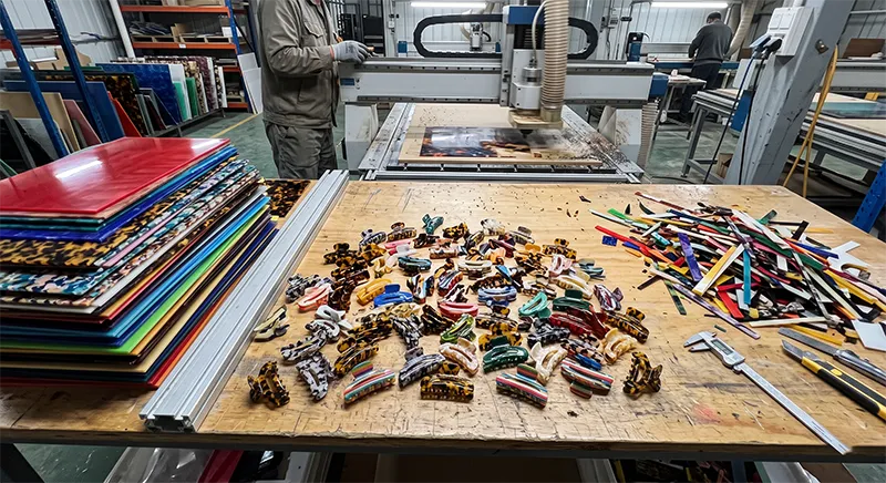 Acetate sheets and freshly cut claw clip blanks on a factory cutting workstation showing the first stage of cellulose acetate hair clip production