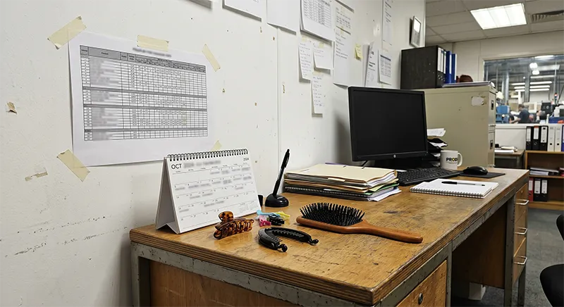 A factory production planning whiteboard showing order timelines alongside hair clip and hair brush samples on a desk
