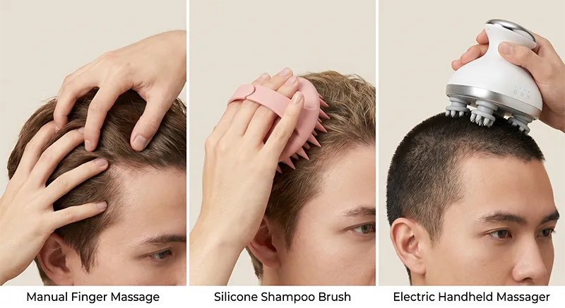 Three scalp massage tools side by side — fingertips on scalp, silicone shampoo brush, and electric scalp massager