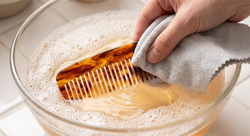 A tortoiseshell-patterned acetate comb being gently cleaned with a soft cloth in warm soapy water