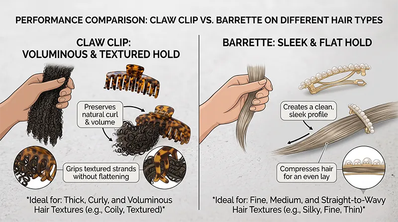 Comparison of claw clip and barrette performance on different hair types showing loose voluminous hold from claw clip versus sleek flat hold from barrette