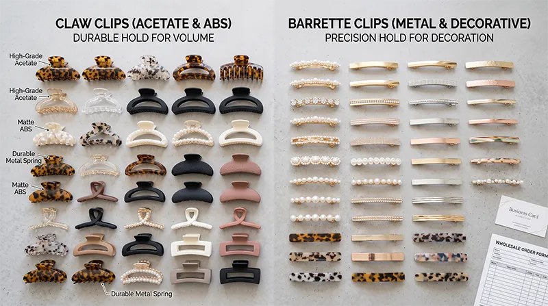 Complete product range showing claw clips and barrettes in acetate and ABS materials displayed for wholesale evaluation
