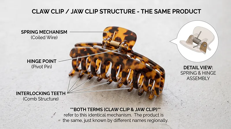Annotated diagram of a claw clip showing the spring mechanism, hinge point, and interlocking teeth — labelled with both claw clip and jaw clip terminology