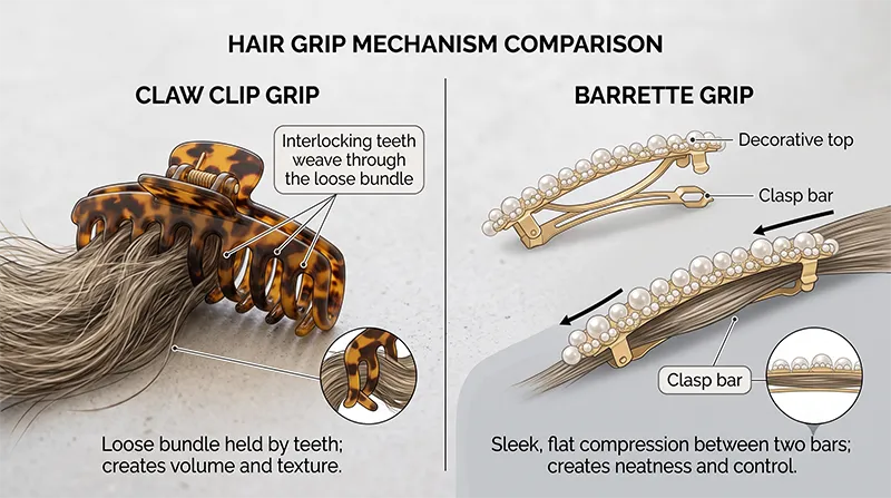 Comparison illustration showing how a claw clip holds hair in a loose bundle versus how a barrette compresses hair flat against a clasp bar