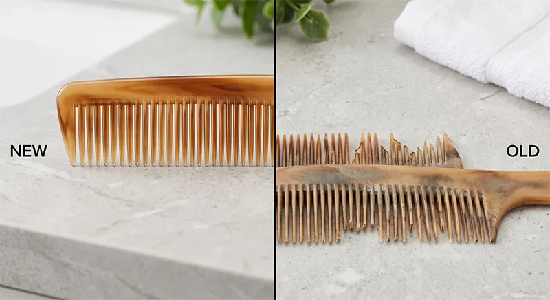 Side-by-side comparison of a new comb with smooth teeth and an old comb with cracked and chipped teeth showing signs of wear
