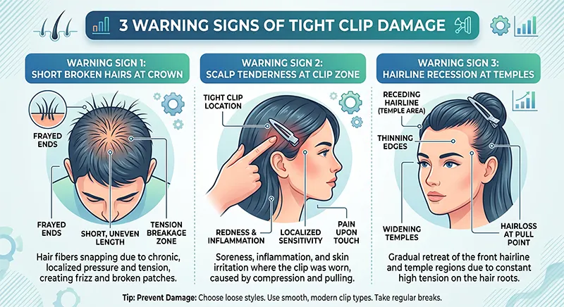 Infographic showing three warning signs of clip damage — short broken hairs at crown, scalp tenderness at clip zone, and hairline recession at temples — with descriptive labels