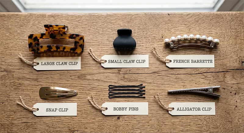 Flat lay comparison of six hair clip types on a wooden surface — large claw clip, small claw clip, French barrette, snap clip, bobby pins, and alligator clip — each labelled