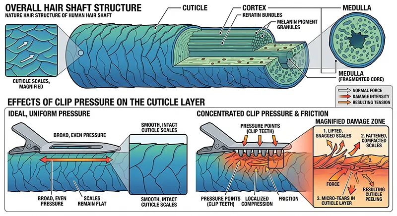 Close-up diagram showing the layered structure of a hair shaft with cuticle, cortex, and medulla labelled, and arrows indicating where clip pressure affects the cuticle
