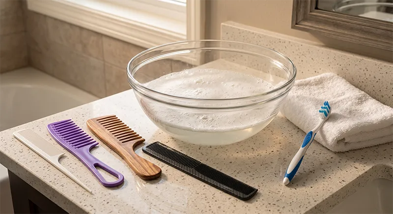 Hair comb cleaning supplies including a bowl of warm soapy water, toothbrush, towel, and several combs made of different materials arranged on a bathroom countertop
