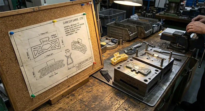 A technical drawing of a claw clip showing dimensions and material callouts pinned next to a steel injection mould on a factory workbench