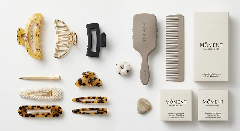 A flat lay display of a complete hair accessories product line with claw clips, barrettes, a paddle brush, and a detangling comb arranged on a white surface with branded packaging