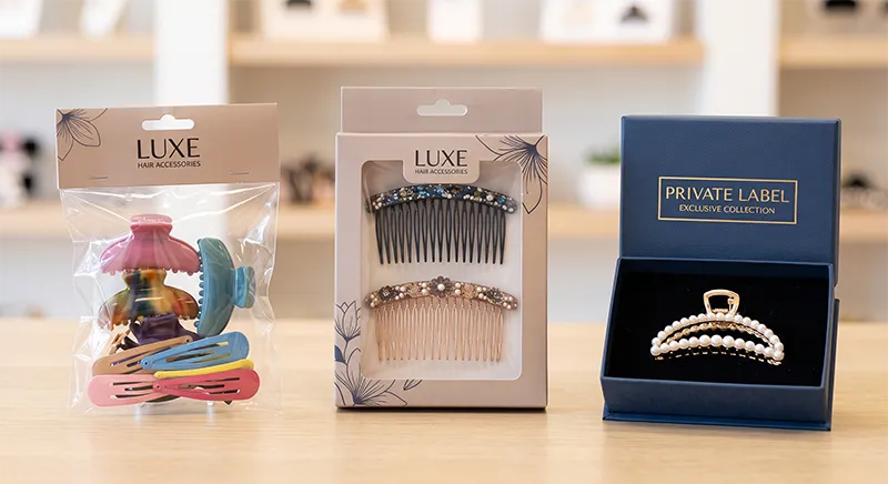 Three tiers of private label hair accessories packaging displayed side by side — polybag with header card, printed retail box, and premium rigid gift box