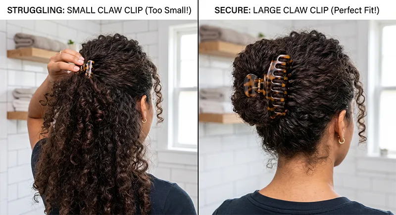 Split image showing a small claw clip struggling to hold thick curly hair on the left and a large claw clip comfortably securing the same hair on the right