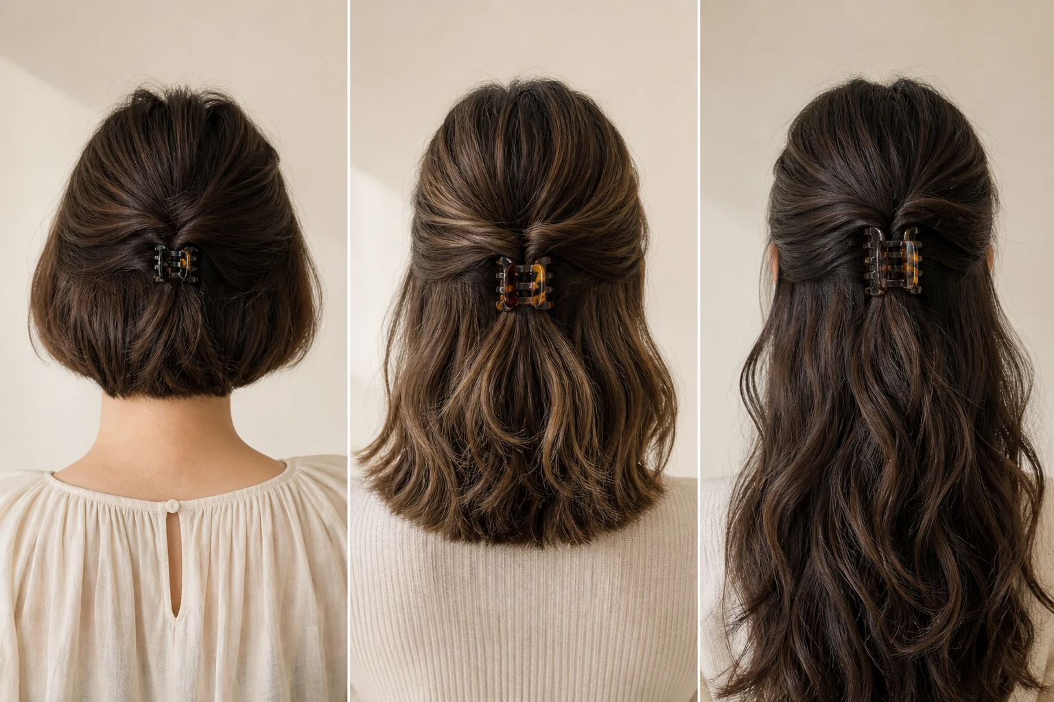 Half-up claw clip style adapted for short, medium and long hair lengths