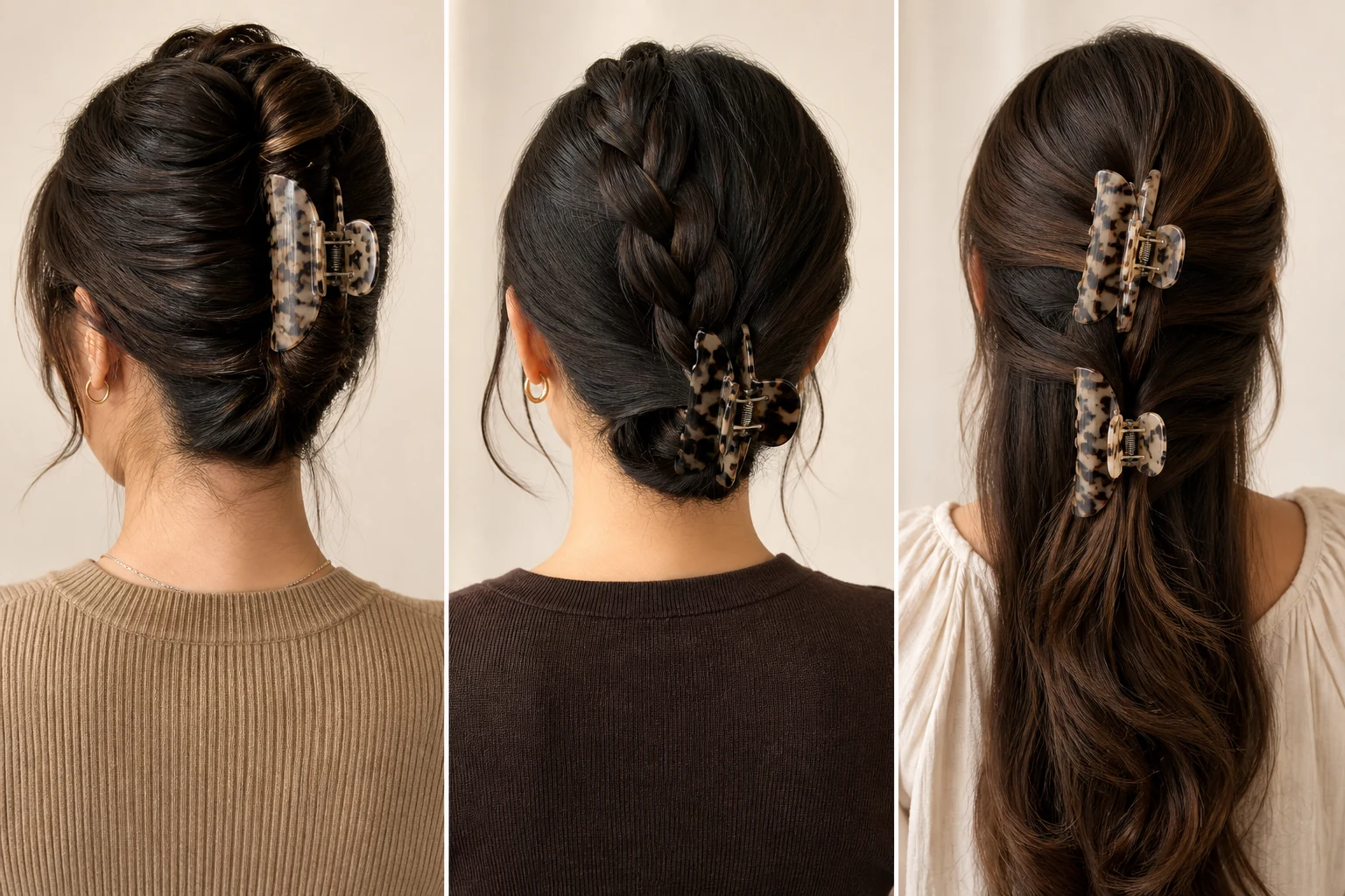 Folded twist, braided tuck and double claw clip styles for long or thick hair