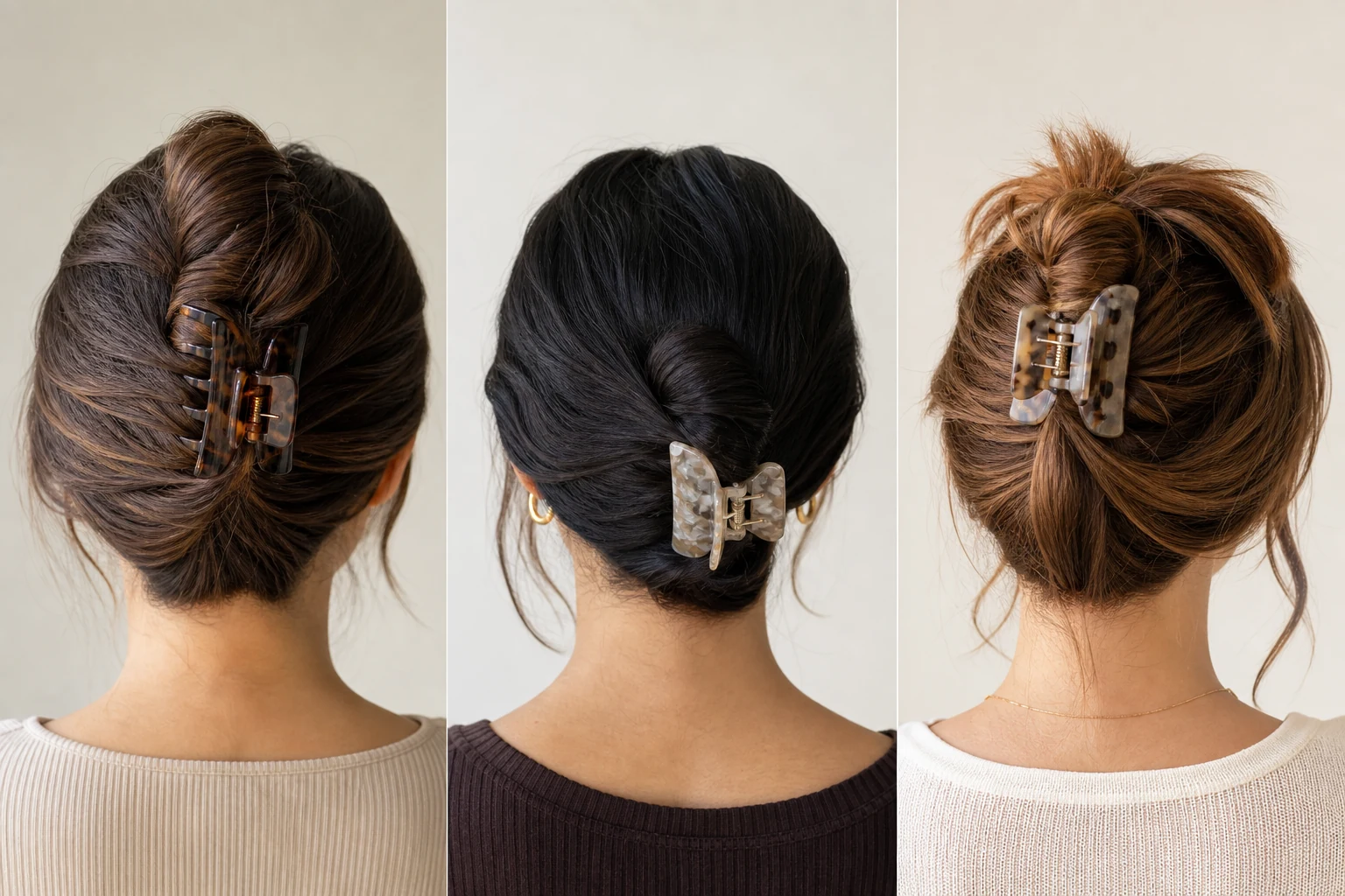 French twist, low roll and messy bun claw clip styles for medium-length hair