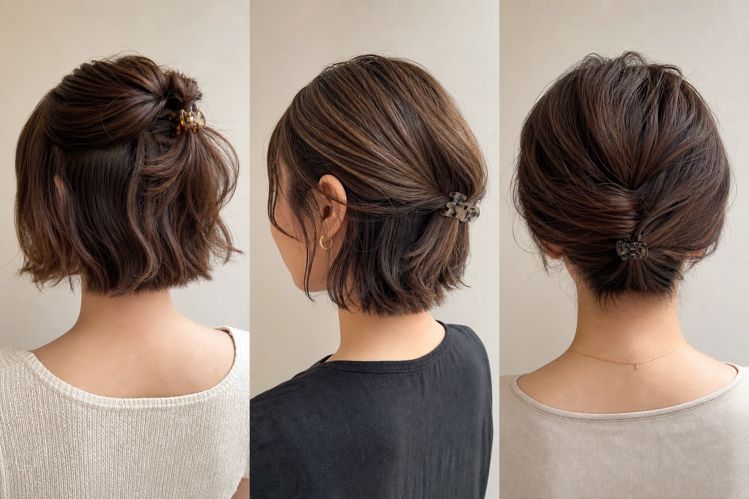 Three easy claw clip styles for short hair including a half-up look and nape twist