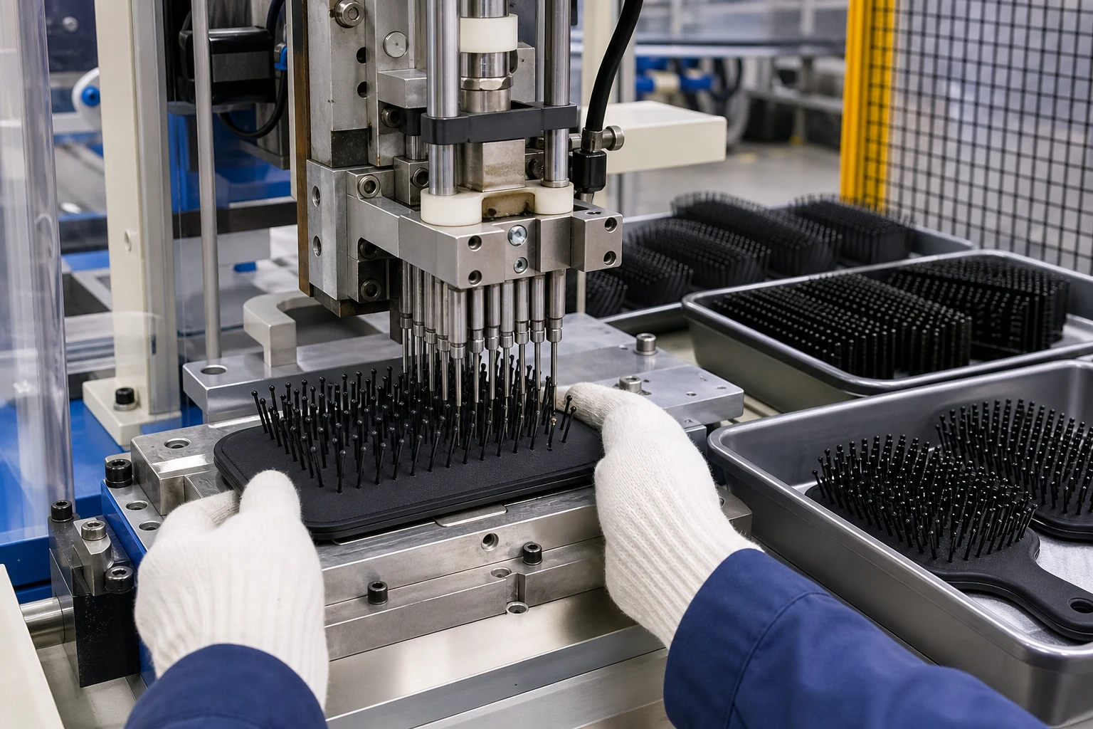Paddle brush bristle implantation machine inserting nylon pins into a cushion