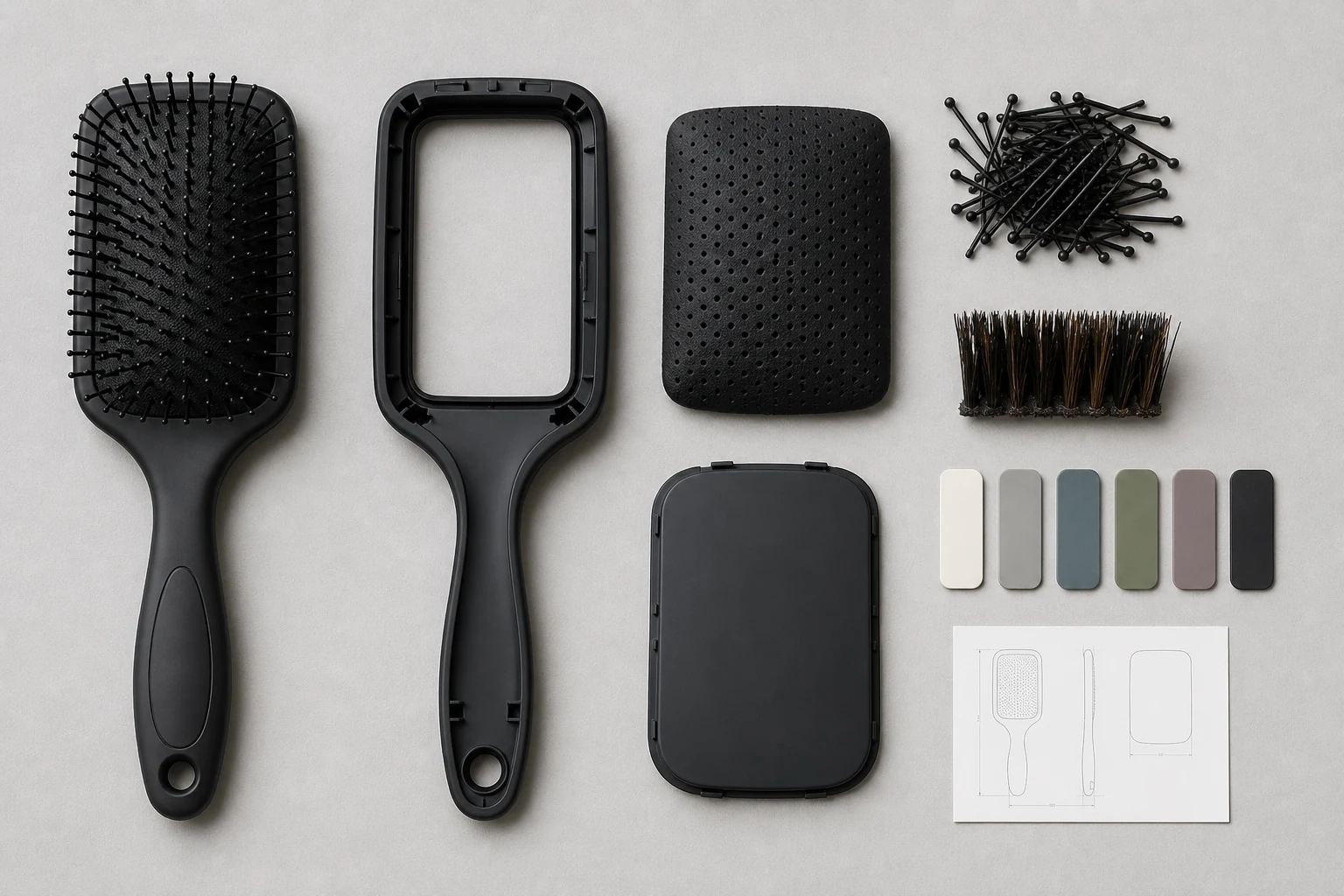 Custom paddle brush components including body, cushion, nylon pins and colour samples