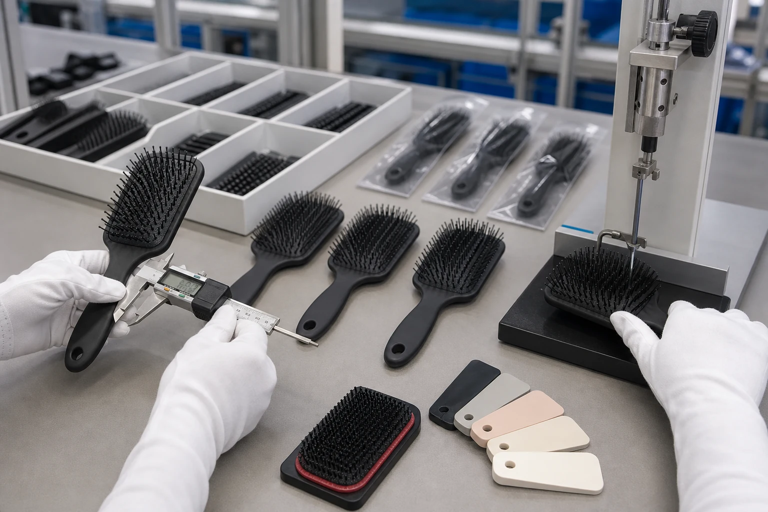 Custom paddle brush quality control with dimensional and bristle retention checks